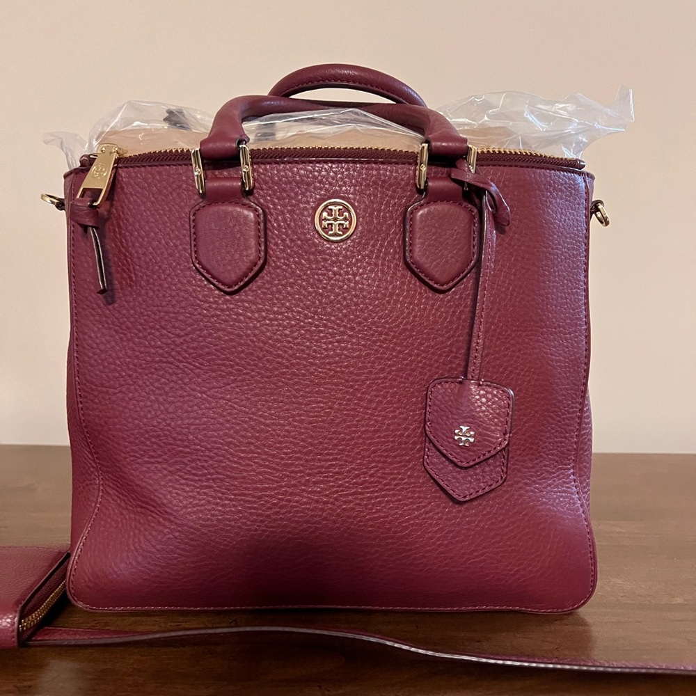 Tory Burch Robinson Leather Burgundy/Red Satchel/ Square Tote with Gold Hardware